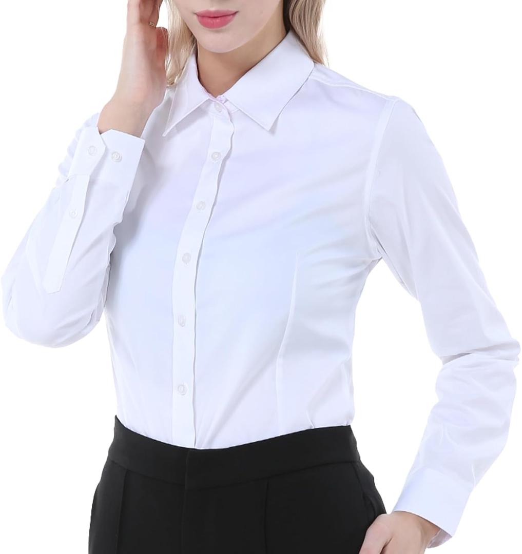 Womens Button Up Shirts Slim-Fit Long Sleeve Stretch Cotton Basic Work Shirt (White, XS)