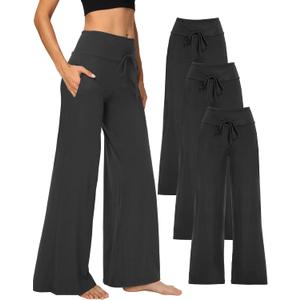 Showitty 1/3 Pack Women's Wide Leg Pants with Pockets, Casual Loose Pajama Palazzo Trousers Sweatpants for Yoga Lounge, Small