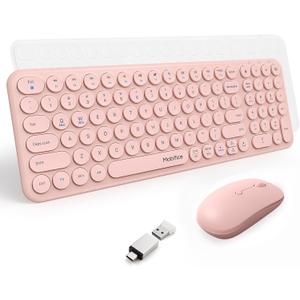Wireless Keyboard and Mouse Combo 2.4GHz USB Ultra-Thin Cute Cordless Compact-Sized Silent Retro Computer Keyboard & Mouse Set for Office PC Computer,Laptop,Windows,Mac,Microsoft,Tablets(Peach Pink)