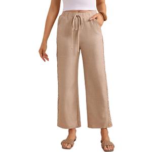 Women's Lace Wide Leg Linen Pants Drawstring High Waisted Dressy Casual Trousers with Pockets (Khaki, L)