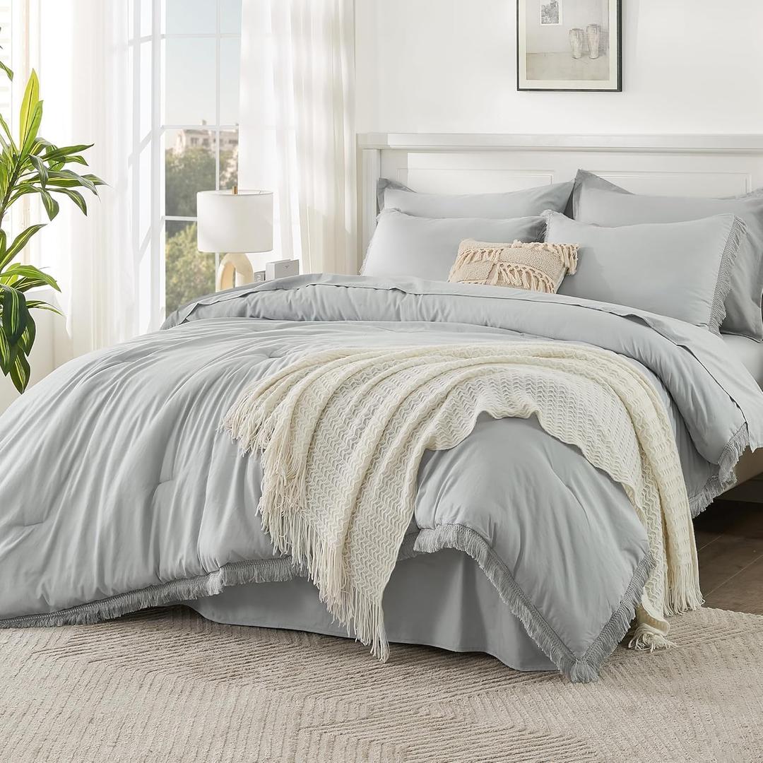 Andency Oversized King Comforter Set with Sheets 120x120 Light Grey - 7 Pieces Boho Tassel Bed in a Bag Soft Lightweight Bedding Sets, Fringe Bed Set with Comforter, Sheets, Pillowcases & Shams