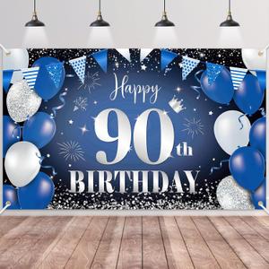 Happy 90th Birthday Banner for Men, Navy Blue Black Silver Happy 90 Years Decorations Fabric Backdrop, 180110cm Photo Background Signs for Men's 90th Birthday Party Decor