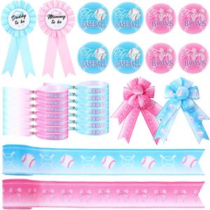 84 Pcs Baseball or Bows Gender Reveal Party Supplies Boy or Girl Decorations Badge Button Pins Bracelet Ribbons Blue or Pink Party Favors for Gender Reveal Games