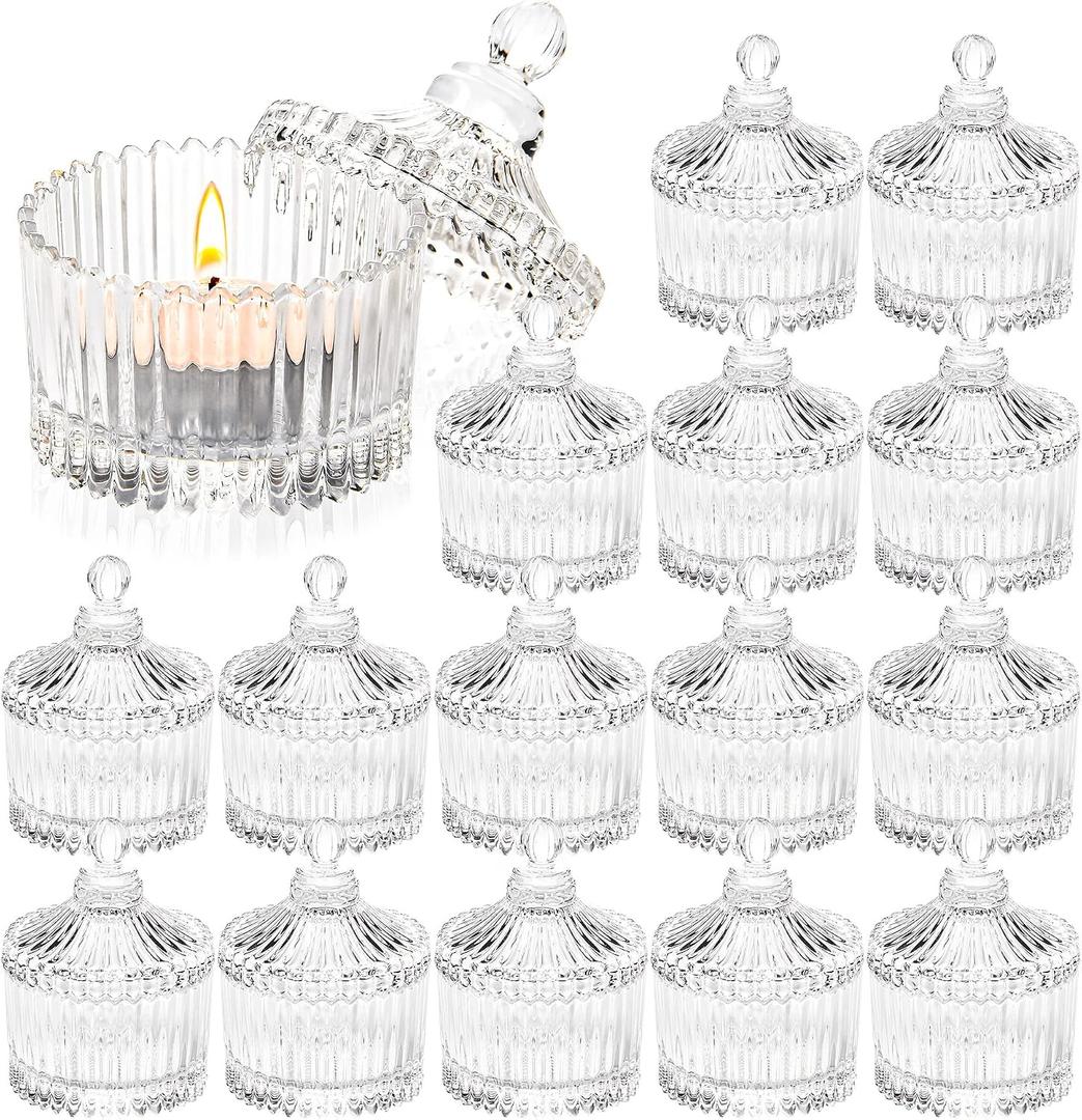 16 Piece Votive Candle Holders with Lids, Tealight Candle Holders in Bulk, Glass Small for Table Centerpiece, Wedding, Home Decor (2.68'' x 1.65'', Clear)