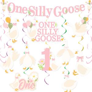 One Silly Goose Party Decorations for 1st Girls First Birthday Banner and Hanging Swirl Decorations Pink Goose Party Supplies for Baby Girl 1st Birthday Photo Backdrop Party Decor