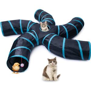 EGETOTA Cat Tunnel for Indoor Cats Large, with Play Ball S-Shape 5 Way Collapsible Interactive Peek Hole Pet Tube Toys, Puppy, Kitty, Kitten, Rabbit (Blue & Black)