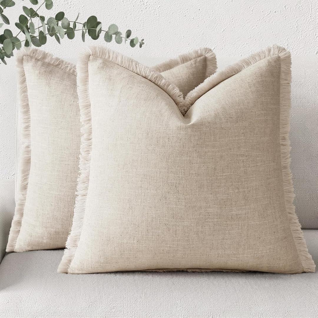 DecorUhome Summer Decorative Neutral Linen Fringe Throw Pillow Covers Set of 2 Natural Beige Pillow Covers with Tassels Soft Farmhouse Boho Accent Pillow Cases for Couch Bed Sofa 20x20 Inch
