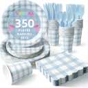 Vyntra 350 Pcs Blue Gingham Paper Plates and Napkins Set for 50, 9" Dinner Plates & 7" Dessert Plate, Baby Boy Shower Birthday Party