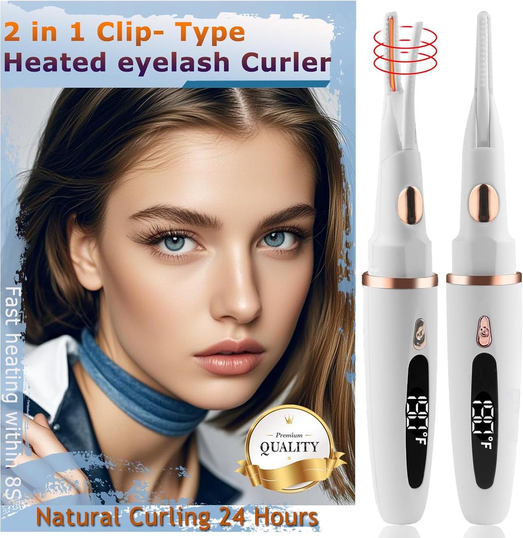 Heated Eyelash Curlers - 2 in 1 Clip- Type Heated lash Curler Best Seller Electric Eyelash Curler LED Display 3 Temp Settings for Makeup Tools USB Rechargeable Natural Curling 24H Long Lasting-WT A1A (White)