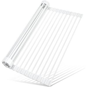 MERRYBOX Roll Up Dish Drying Rack Silicone Wrapped Over The Sink Dish Rack Foldable Dish Drainer Anti-Slip Dish Racks for Kitchen Counter, Multipurpose Kitchen Sink Drying Rack, 20.5" x 13", White