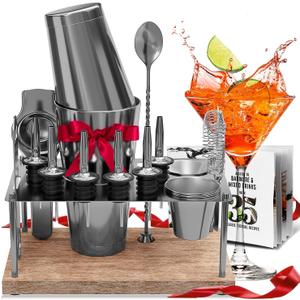 Bar Set Cocktail Shaker Set Bartender Kit, 17 Piece Silver Cocktail Set, Mixology Bartender Kit with Wood Stand, Steel Cocktail Kit, Bar Accessories: 30oz Martini Shaker, Muddler, Cocktail Book & More