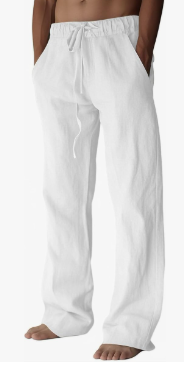 PIDOGYM Mens Cotton Linen Pants, Summer Beach Pants Casual Loose Fit with Elastic Waist Drawstring L