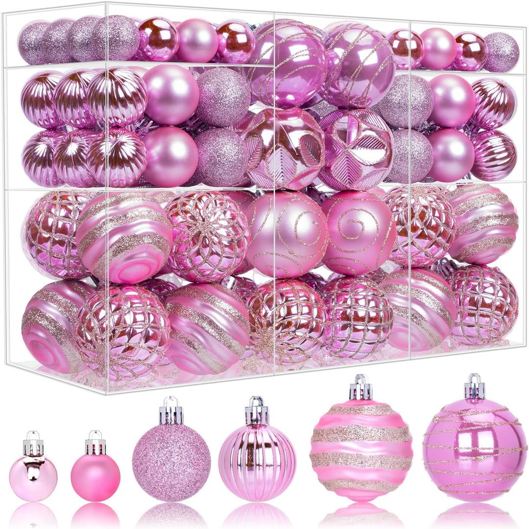 100 Pack Pink Christmas Ball Ornaments Set, Hand-Painted Shatterproof Hanging Decorations, Assorted Baubles Bulk for Xmas Tree Wreath, Winter Holiday Home Party Decor
