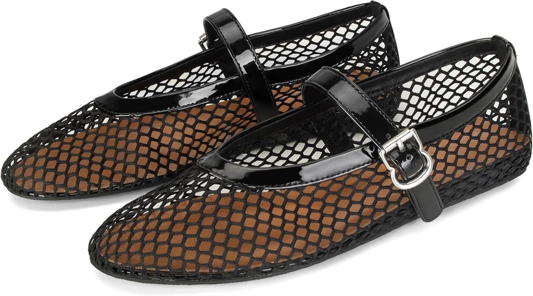 DOEYG Black Mesh Ballet Flats for Women Round Toe Mesh Ballerina Shoes Fishnet Flats Dressy Buckle Mary Jane Flats Comfortable Casual Summer Sandals US Size 10.5