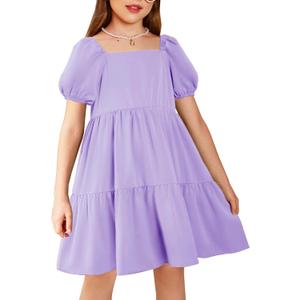 Arshiner Girls Dresses Short Sleeve Ruffle Chiffon Summer Flowy Dress with Square Neck (Purple)