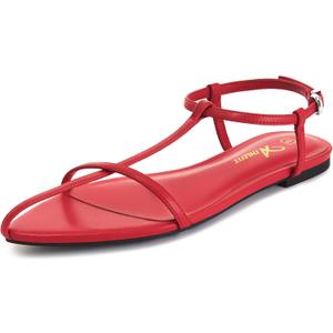 Athlefit Flat Sandals for Women Comfortable Buckle Strappy Sandals Pointed Open Toe Ankle Strap Sandals (Red)
