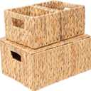 Water Hyacinth Storage Baskets with Handles Set of 3, Handmade Natural Woven basket with lid, Rustic Farmhouse Style for Shelf Home Organization