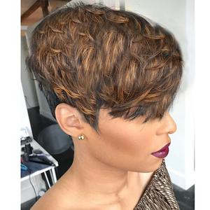 Short Human Hair Wig for Women Pixie Cut with Auburn Brown Ombre Top Similar to #30 Short Layered Wavy Curly Wig with Bangs F1B/30
