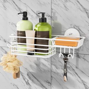 TAILI Shower Caddy Suction Cup with Hooks & Soap Holder, Heavy Duty Bathroom Shower Organizer, No Drilling Shelves for Inside Bathroom, Metal Storage Basket