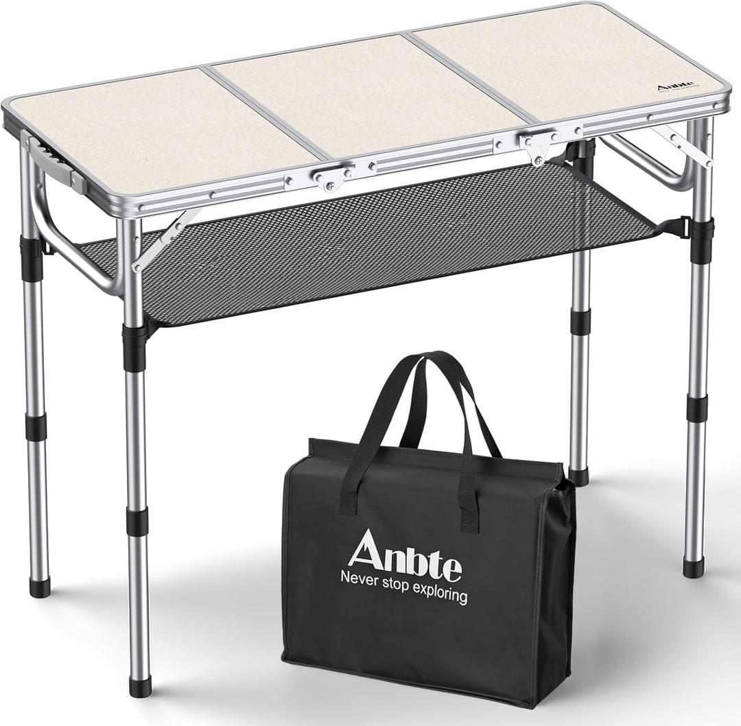Anbte Folding Camping Table with Storage Net, 3ft Camping Table Aluminum Folding Table with 3 Adjustable Height Max 27.1 Inch, Portable, for Outdoor Backyard BBQ, Silver