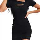 Valiamcep Women's Summer Mini Bodycon Dress Short Sleeve Square Neck Sexy Cut Out Ribbed Knit Fitted Casual Pencil T Shirt Dresses Black S