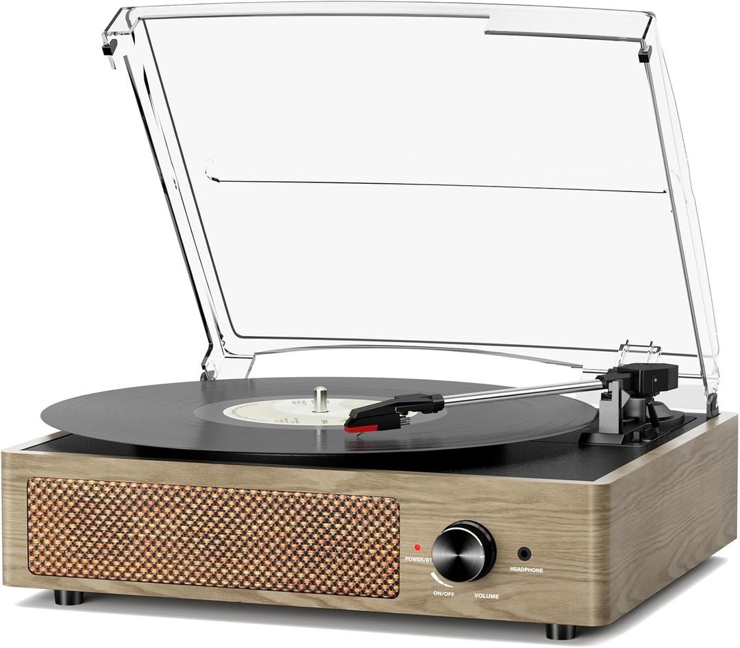Bluetooth Vinyl Record Player,3-Speed Turntable with Stereo Speakers Vintage Phonograph Record Player, with RCA Line Out AUX in Headphone Jack Grey Wood