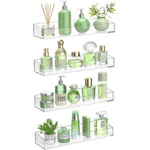 YLYEEU 4PCS Acrylic Floating Shelves for Wall, 15" Clear Acrylic Shelves, Bathroom Shelf with Two Types of Installation, Space Saving Hanging Wall Shelf for Bathroom, Living Room, Bedroom, Kitchen