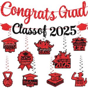Red Graduation Banner & 9Pcs Hanging Swirls for Class of 2025 Graduation Party Supplies