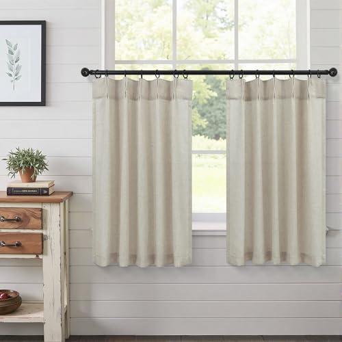 Pinch Pleat Beige Kitchen Short Curtains 24 Inch Length 2 Panels Back Tab Linen Textured Tier Curtains Farmhouse Boho Semi Sheer Light Filtering Curtain for Cafe Bathroom Small Window 24Wx24L