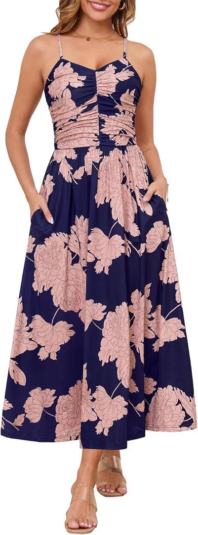 Annebouti Spring Summer Maxi Dress for Women 2025 Casual Trendy Open Back Ruched A-Line Sleeveless Spaghetti Strap Floral Beach Long Sundresses with Pockets Navy Pink, XS