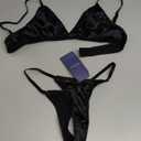 OYOANGLE Women's 2 Piece Satin Lingerie Silk Bralette Triangle Bra and Panty Thong Set (Medium, Black)