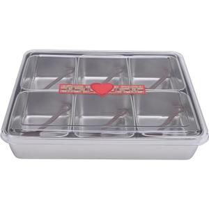 Divided Serving Tray with Lid, Stainless Steel 6 Removable Compartment Condiments Box with 6 Spoons, Snackle Box Container Food Storage Fruit Veggie Tray for Fridge Party Entertaining Picnic