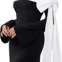 MakeMeChic Women's Off The Shoulder Bell Sleeve Mini Dress Bowknot Cocktail Party Bodycon Dresses (Black and White, XS)