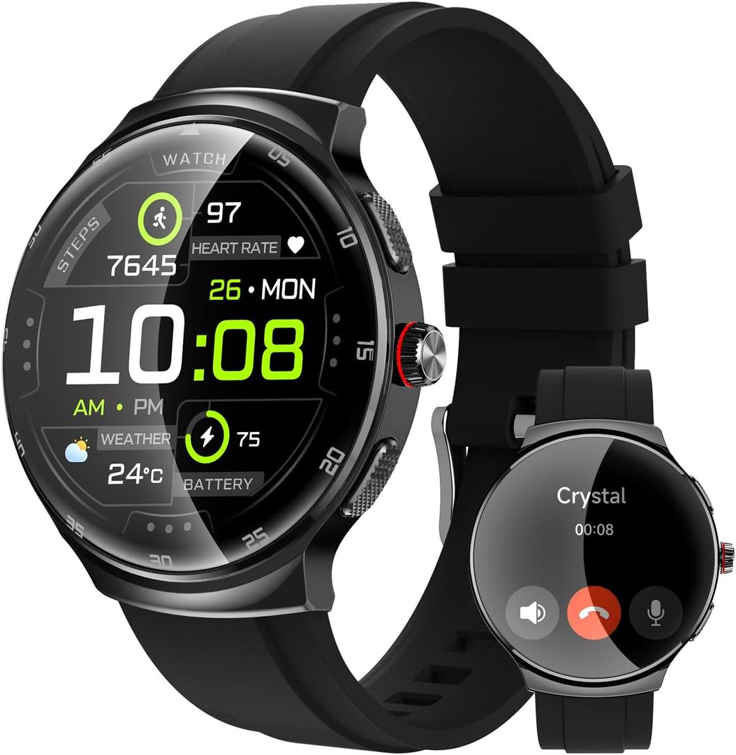 Smart Watches for Men Women, 1.43" AMOLED Fitness Tracker, Make/Answer Calls Digital Waterproof Smartwatch, 150+ Sports Mode, Heart Rate/SpO2/Sleep Monitor, Android & iOS Compatible, 2 Bands (Black)