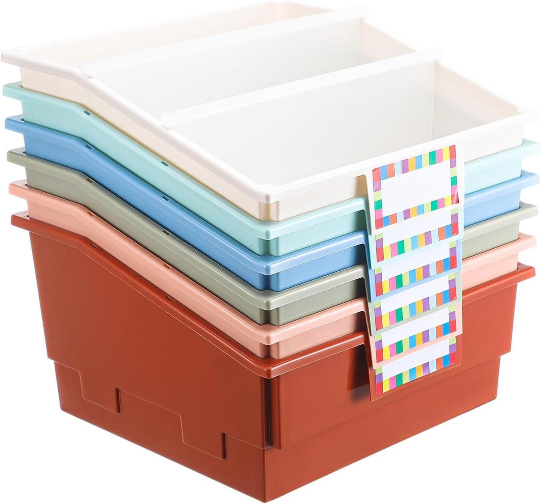 Lineshading 6 Pack Picture Book Organizer Bins with Dividers Large Plastic Book Holders with Labels Multi Purpose Classroom Organization Bins Storage Container (Boho Color,13.5 " X 13.5 " X 7.75")