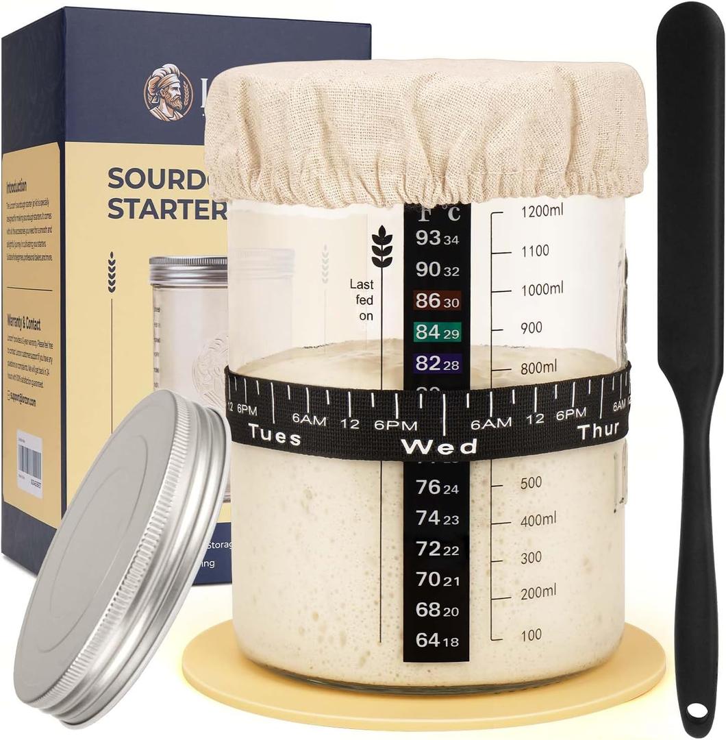 Sourdough Starter Jar Kit - 47 oz Large Wide Mouth Bread Starter Jar with Feeding Tracking Band, Silicone Spatula, Sourdough Bread Baking Supplies (47 oz. Sourdough Jar)