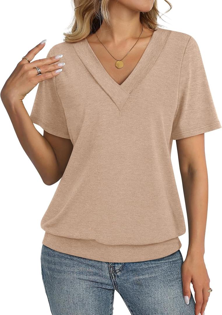 TICTICMISS Womens Short Sleeve Tops Banded Bottom V Neck Summer T Shirt Casual Basic Tees Trendy Tops Summer Clothes L