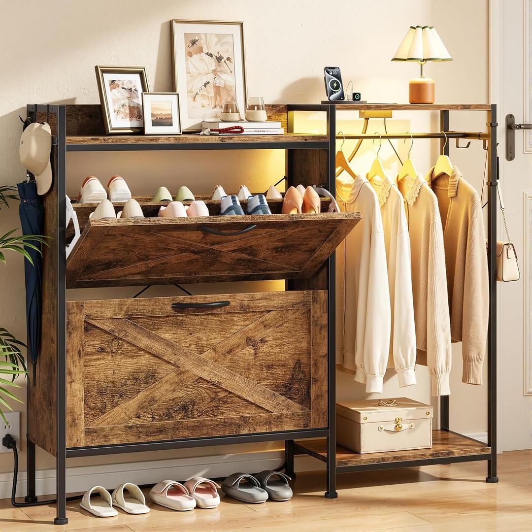 HIGDBFE Shoe Cabinet with 2 Flip Drawers and Coat Rack, 41.3" W