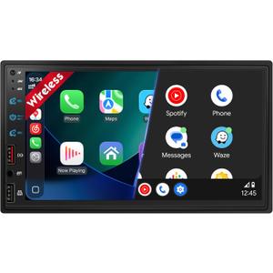 [Upgraded DSP] 7'' Double Din Car Stereo with Wireless Apple Carplay Android Auto, 240W Powerful Sound, FM/AM Radio, 7 Inch LCD Ultra HD Touchscreen, Bluetooth Handsfree, Waterproof Backup Camera, SWC