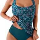 Eomenie Womens Halter Tankini Bathing Suit Ruched Tummy Control Two Piece Swimsuit with Bottom (Small, Deep Green Floral Printed)