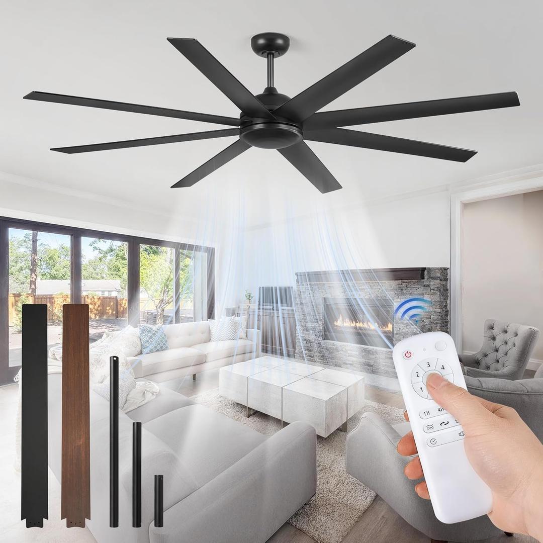 72 Inch Ceiling Fan no Light, Black Ceiling Fan with Remote, 6-Speeds, Quiet Reversible DC Motor, Industrial Ceiling Fans without Lights for Living Room, Garage, Patio, Indoor/Outdoor Use, Black, 72 Inch