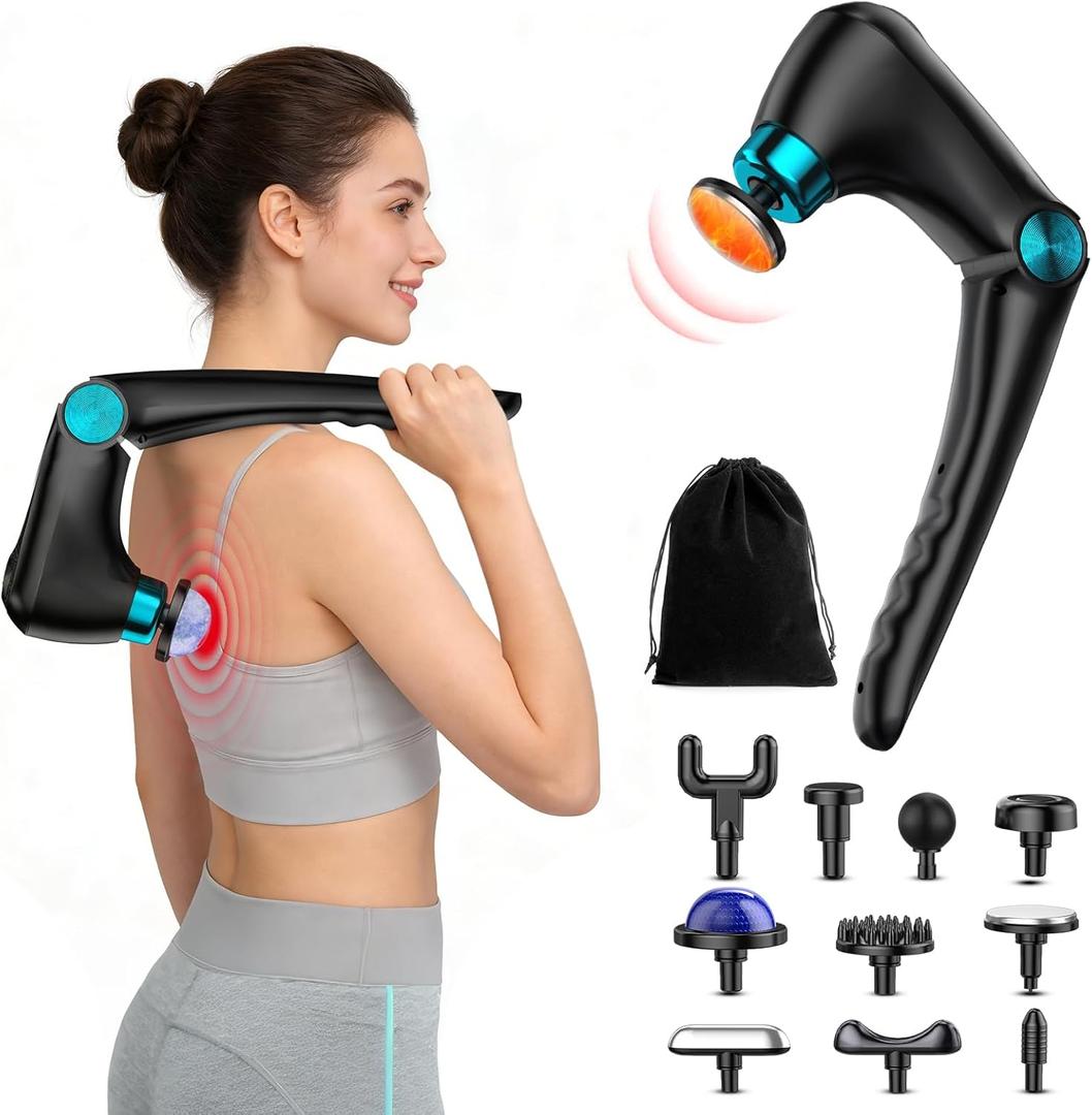 Back Massager with Heat & Cold Therapy, Foldable Deep Tissue Massage for Back & Shoulders, Cordless Percussion Massager for Pain Relief, 9 Speeds, 10 Heads
