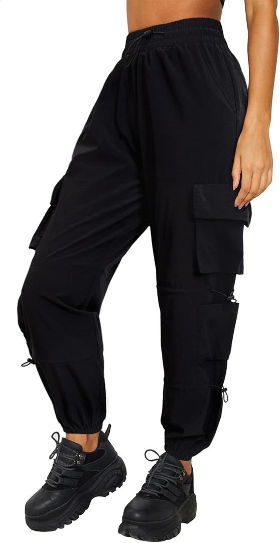 Quick Dry Cargo Pants Lightweight Tactical Hiking Pants with 6 Pockets for Women, Elastic Waist and Water-Resistant (Medium, Black)