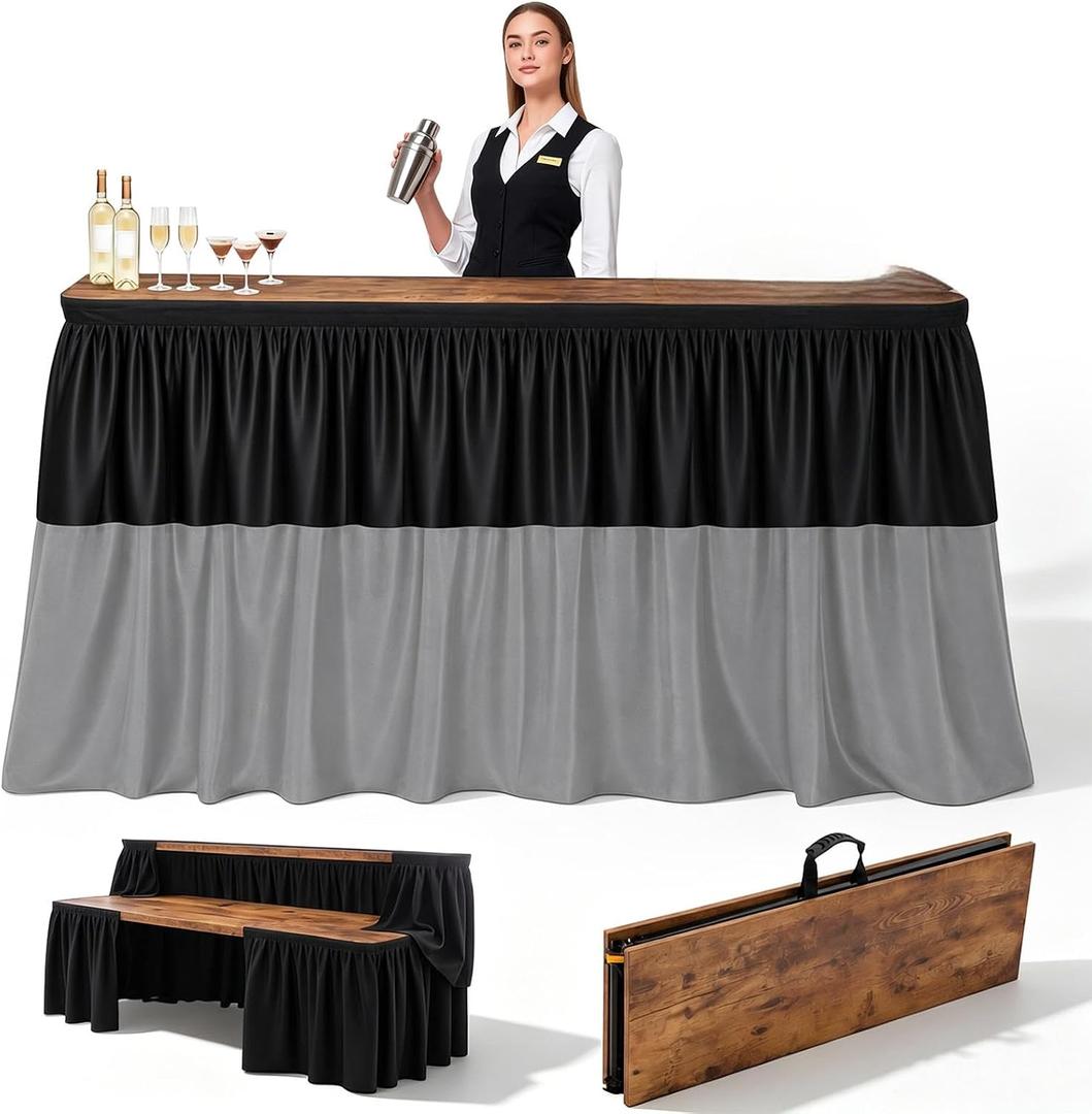 Portable Bar Top Riser Tables with Skirt, Black Skirt, 6 ft, Rustic Brown