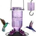 Glass Hummingbird Feeder for Outdoors Hanging, 16 oz Leak-Proof Nectar Feeder with Bee Guards & Ant Moat, 4 Metal Flower Feeding Ports, 360° Perch Ring, Easy Refill & Clean, Purple
