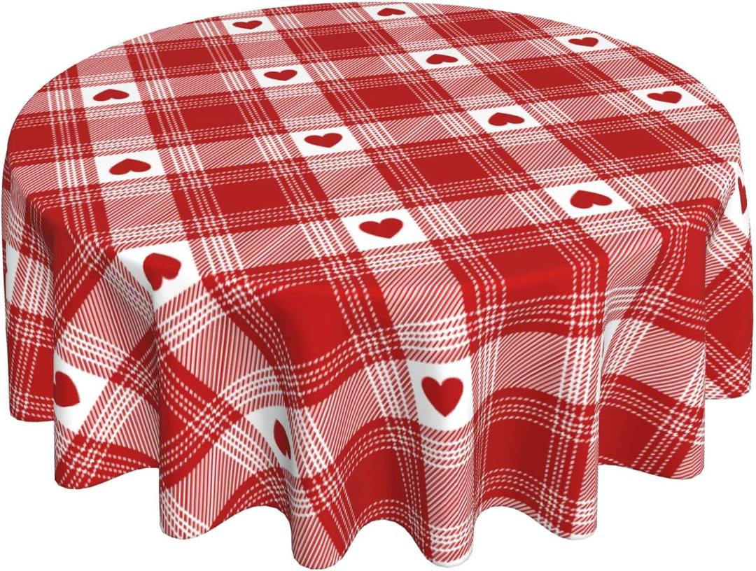 Valentines Day Round Tablecloth 60 Inch Happy Mothers Day Table Cloth Gift Love Heart Wedding Table Clothes Red White Buffalo Check Plaid Table Cover for Party Dining Room Home Outdoor Decor