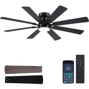 Black Ceiling Fan with Light and Remote/APP Control, 52in Flush Mount Fan Light with 8 Blades, Reversible and LED Dimmable, Indoor Outdoor Light Fixture for Bedroom, Covered Patios