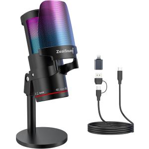 ZealSound Gaming USB Microphone,Noise Cancellation Condenser mic with RGB Light,Touch Mute,Gain,Monitoring for Streaming, Podcast, Twitch, YouTube, Discord, iPhone, iPad,PC,Computer,PS4,PS5,Mac