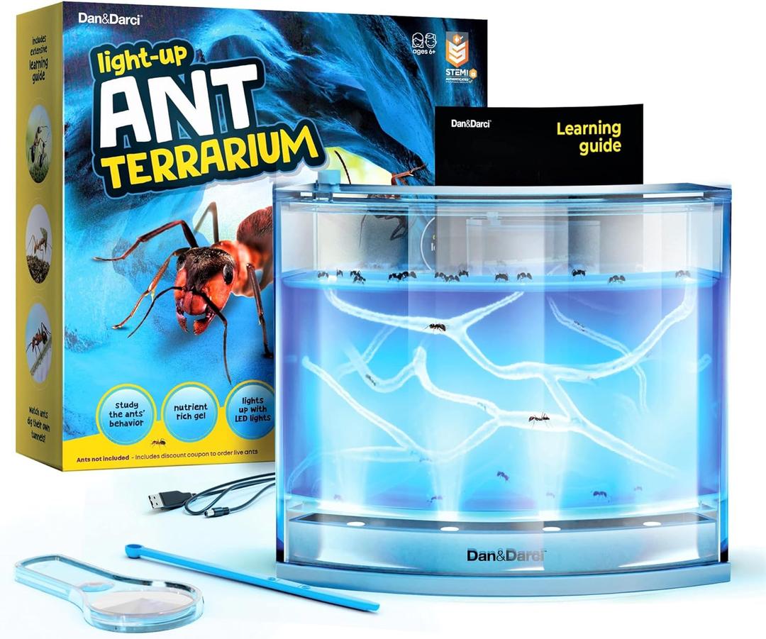 Light-up Ant Farm Terrarium Kit for Kids  LED Habitat for Live Ants with Nutrient Rich Gel - Watch Them Dig Their Own Tunnels - Nature Learning, Science Toys, Experiment Gift for Boys & Girls