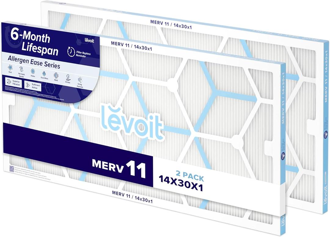 LEVOIT 14x30x1 Air Filter MERV 11, 6-Month Pleated Furnace Filters for Home AC HVAC, High-Efficiency Allergen Defense for Pet, Dust and Smoke, 2 Pack (Actual Size 13.7×29.69×0.79 inches)